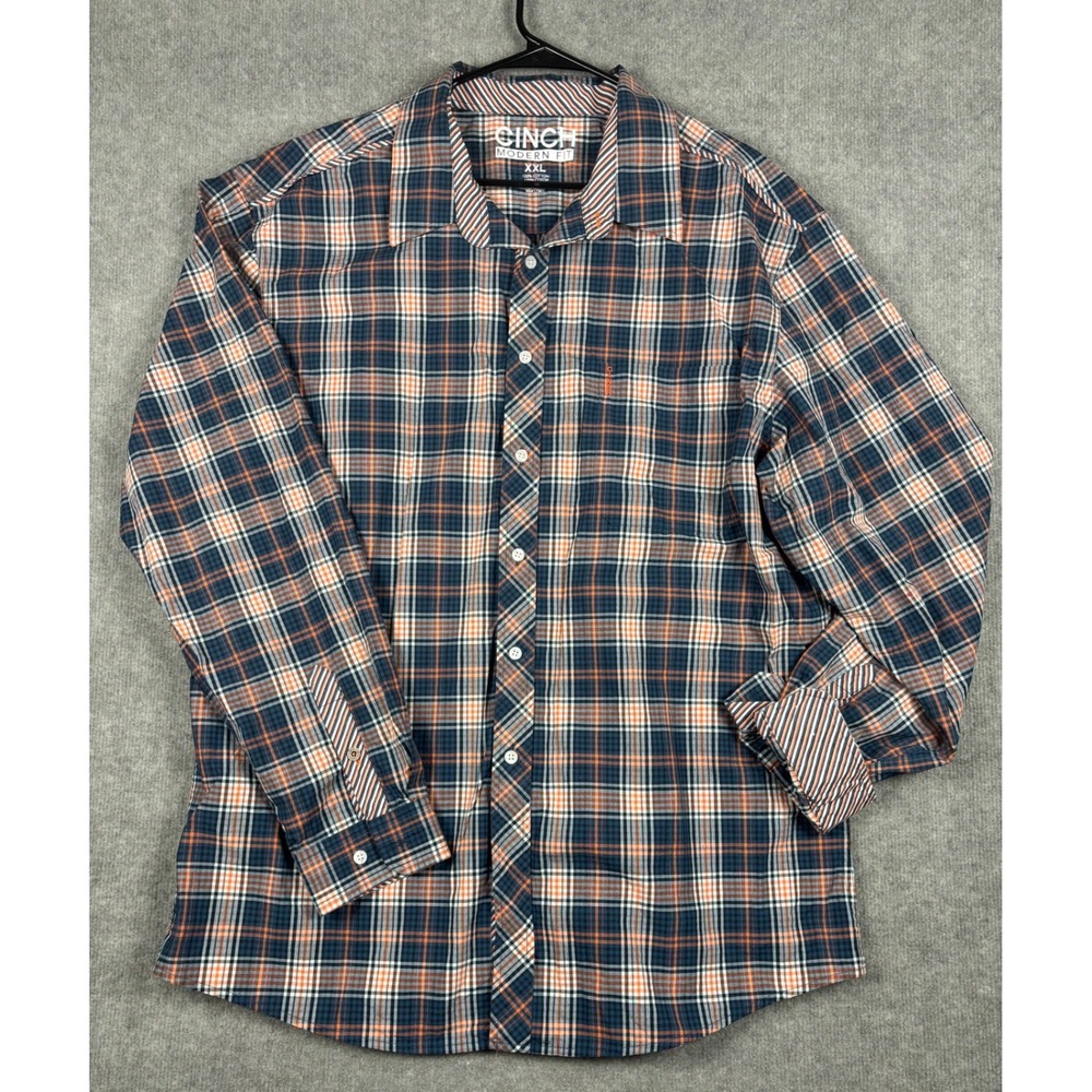 Cinch Modern Fit Plaid Button Down Shirt XXL Blue Orange Western